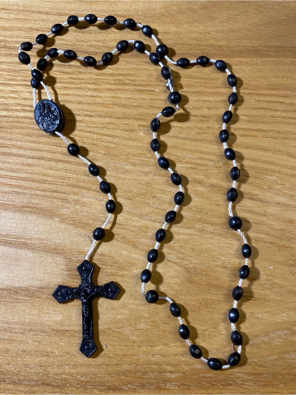 Black Plastic Bead Rosary Necklace with Crucifix